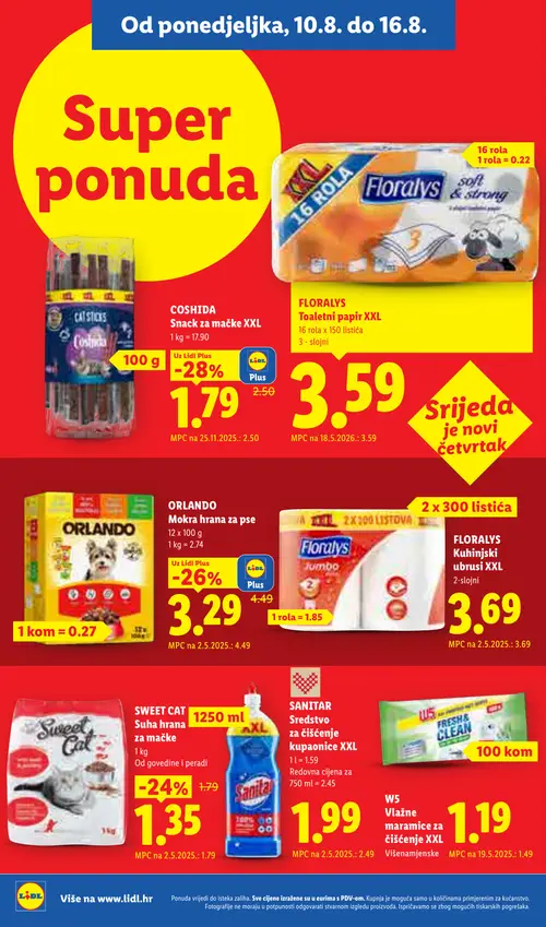 Lidl katalog — stranica 18: COSIDA Snack za mačke XXL, ORLANDO Mekra hrana za pse, SWEET CAT Suha hrana za mačke, W5 Vlažne maramice za čišćenje XXL Višenamjenske (vrijedi 10. 08. 2026.–16. 08. 2026.)