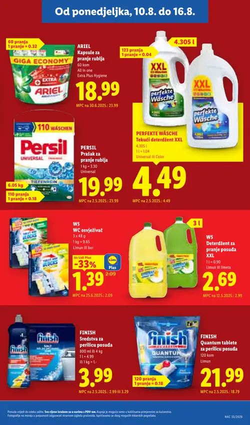 Lidl katalog — stranica 19: W5 WC osvježivač, W5 Deterdžent za pranje posuđa XXL (vrijedi 10. 08. 2026.–16. 08. 2026.)