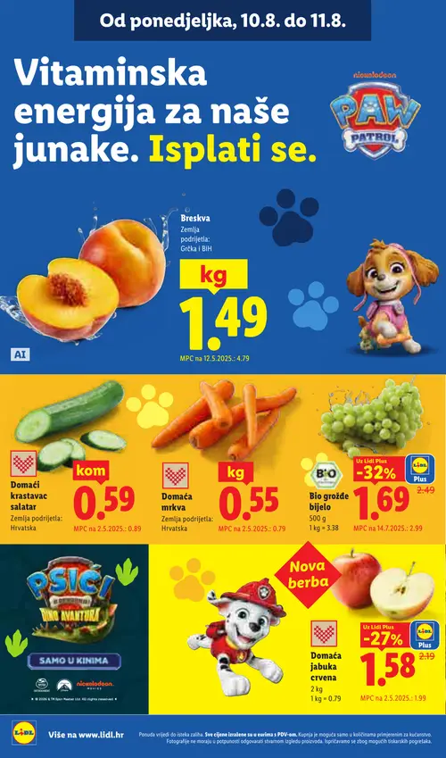 Lidl katalog — stranica 2: Breskva, Domaći krastavac salatar, Bio grožđe bijelo, Domaća mrkva (vrijedi 10. 08. 2026.–16. 08. 2026.)