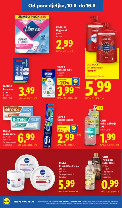 Lidl katalog — stranica 20: ORAL-B Konac za zube, CIEN Piling gel za tuširanje, ORAL-B Četkica za zube (vrijedi 10. 08. 2026.–16. 08. 2026.)