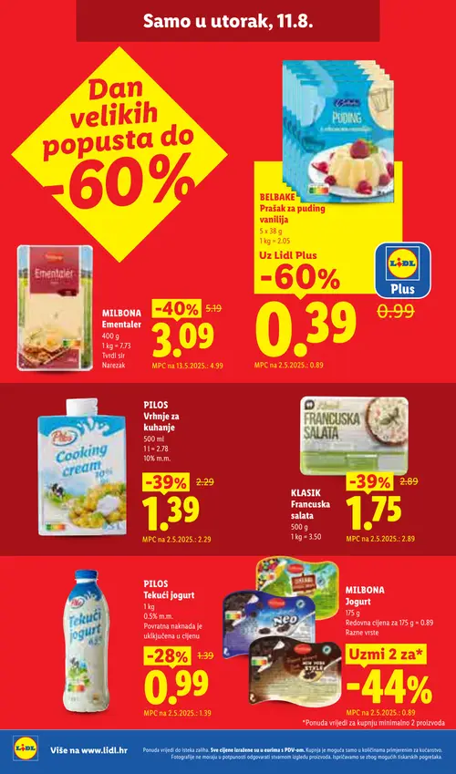 Lidl katalog — stranica 22: BELBAKE Prašak za puding vanilija, MILBONA Ementaler, KLASIK Francuska salata, PILOS Vrhnje za kuhanje (vrijedi 10. 08. 2026.–16. 08. 2026.)