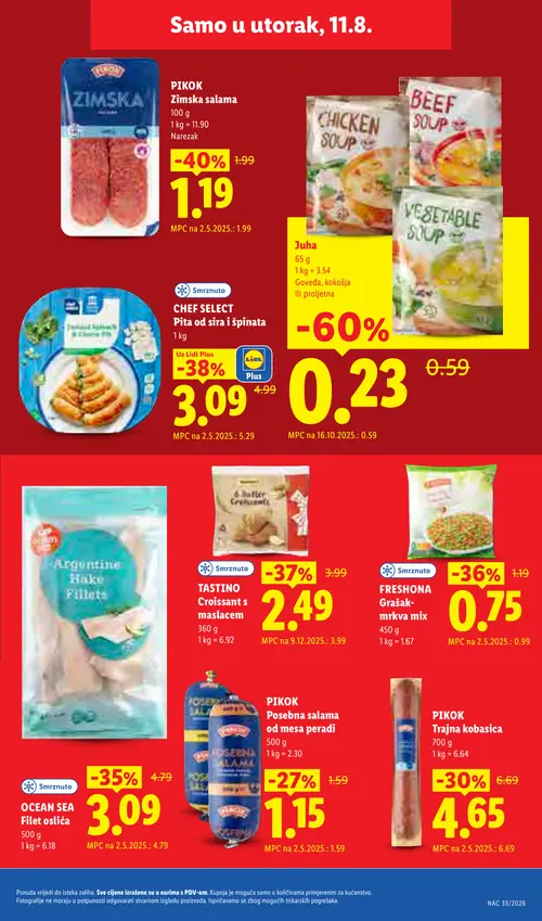Lidl katalog — stranica 23: Juha Goveđa, kokošja ili proljetna, PIKOK Zimska salama, Twistid Spinach & Cheese Pie, TASTINO Croissant s maslacem (vrijedi 10. 08. 2026.–16. 08. 2026.)