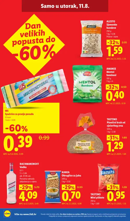 Lidl katalog — stranica 24: W5 Spužvice za pranje posuđa, ALESTO Sjemneke bundeve, AMANTE Mentol bomboni, TASTINO Mini piškote (vrijedi 10. 08. 2026.–16. 08. 2026.)