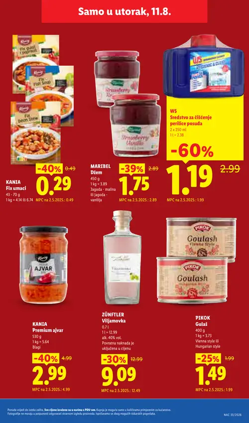 Lidl katalog — stranica 25: W5 Sredstvo za čišćenje perilice posuđa, KANIA Fix umaci, KANIA Premium ajvar Blagi, MARIBEL Džem Jagoda - malina ili jagoda - vanilija (vrijedi 10. 08. 2026.–16. 08. 2026.)