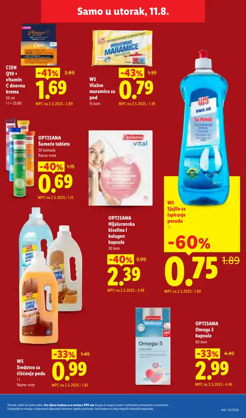 Lidl katalog — stranica 27: W5 Sjajilo za ispiranje posuđa, W5 Vlažne maramice za pod, CIEN Q10 + vitamin C dnevna krema, OPTISANA Hijaluronska kiselina i kolagen kapsule (vrijedi 10. 08. 2026.–16. 08. 2026.)