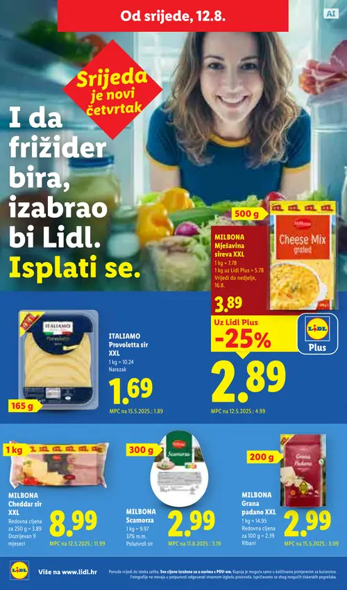 Lidl katalog — stranica 52: MILBONA Cheddar sir, ITALIAMO Proveňletta sir, MILBONA Scamorza, MILBONA Grana padano sir (vrijedi 10. 08. 2026.–16. 08. 2026.)