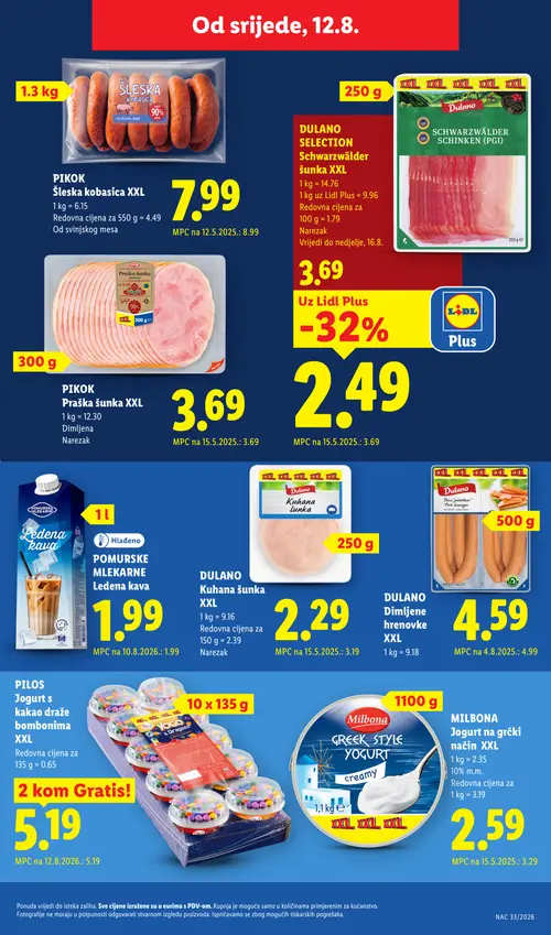 Lidl katalog — stranica 53: DULANO Kuhana šunka XXL, MILBONA Jogurt na grčki način XXL, DULANO SELECTION Schwarzwälder šunka XXL, DULANO Dimljene hrenovke XXL (vrijedi 10. 08. 2026.–16. 08. 2026.)