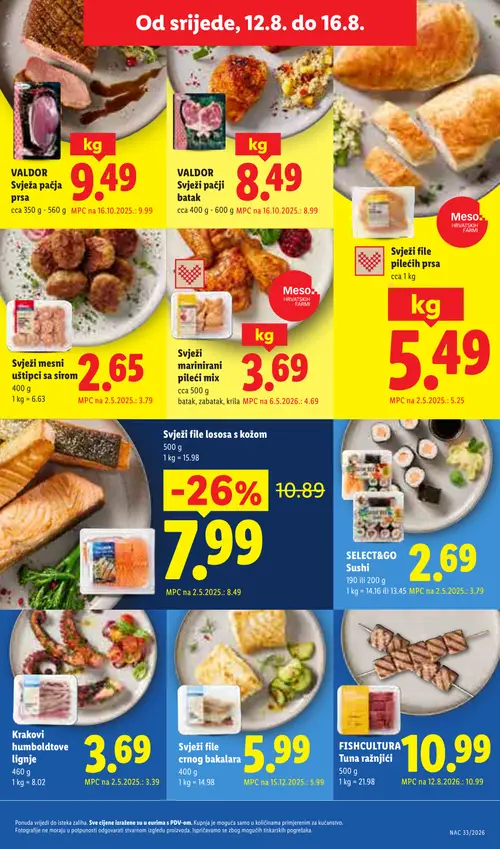 Lidl katalog — stranica 55: Svježi mesni uštipci sa sirom, SELECT&GO Sushi, Svježi marinirani pileći mix, Svježi file lososa s kožom (vrijedi 10. 08. 2026.–16. 08. 2026.)