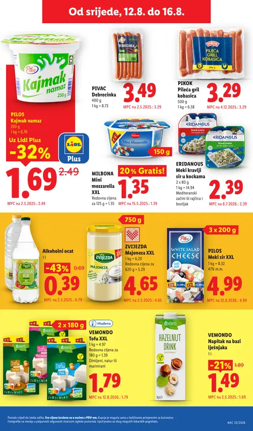 Lidl katalog — stranica 57: Vinecto Alkoholni ocat, Pilos Kajmak namaz, Vemondo Napitak na bazi lješnjaka, Zvijezda  Mahoneza XXL (vrijedi 10. 08. 2026.–16. 08. 2026.)