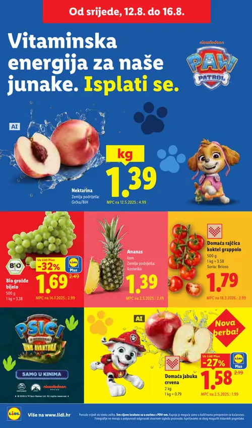 Lidl katalog — stranica 58: Nektarine, Ananas, Lidl Plus Bio grožđe bijelo, Domaća rajčica koktel grappolo (vrijedi 10. 08. 2026.–16. 08. 2026.)