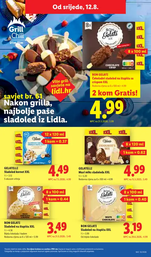 Lidl katalog — stranica 59: BON GELATI Sladolled na štapiću XXL Od bijele čokolade, BON GELATI Čokoladni sladoled na štapiću sa crispom XXL, GELATELLI Maxi miks sladoleda XXL, GELATELLI Maxi miks sladoleda XXL (vrijedi 10. 08. 2026.–16. 08. 2026.)