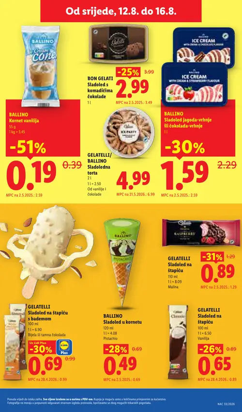 Lidl katalog — stranica 61: BALLINO Kornet vanilija, GELATELLI Sladoled na štapiću malina, BALLINO Sladoled jagoda-vrhnje ili čokolada-vrhnje, GELATELLI Sladoled na štapiću s bademom bijela ili tamna čokolada (vrijedi 10. 08. 2026.–16. 08. 2026.)