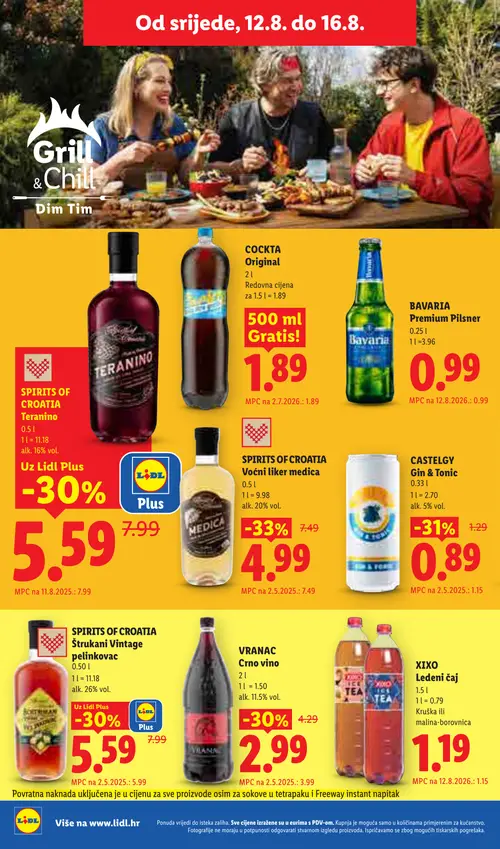 Lidl katalog — stranica 62: SPIRITS OF CROATIA Voćni liker medica, CASTELGY Gin & Tonic, VRANAC Crno vino, SPIRITS OF CROATIA ŠTrukаni Vintage pelinkovac (vrijedi 10. 08. 2026.–16. 08. 2026.)