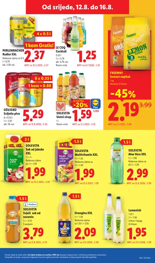 Lidl katalog — stranica 63: FREEWAY Instant napitak, Orangina XXL, SOLEVITA Svježi sok od naranče, SOLEVITA Voćni sirup (vrijedi 10. 08. 2026.–16. 08. 2026.)