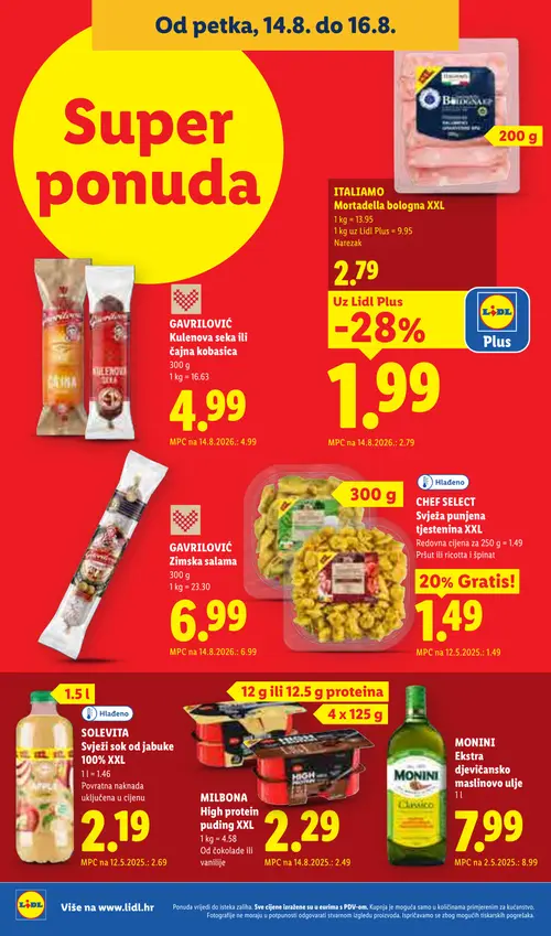 Lidl katalog — stranica 66: GAVRILOVIĆ Kulenova seka ili Kuhana kobasica, ITALIANO Mortadella bolognese XXL, SOLEVITA Svježi sok od jabuke 100% XXL, MONINI Ekstra djevičansko maslinovo ulje (vrijedi 10. 08. 2026.–16. 08. 2026.)