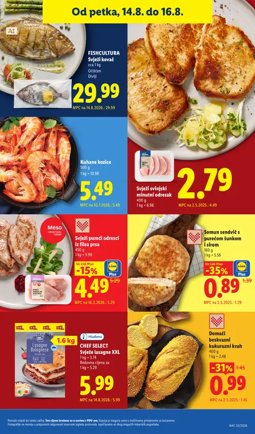 Lidl katalog — stranica 67: nela MESNICA Svježi svinjski minutni odrezak, Somun sendvič s purećom šunkom i sirom, Domaći beskvasni kukuruzni kruh, Meso HRVATSKIH FARMI Svježi pureći odresci od filea prsa (vrijedi 10. 08. 2026.–16. 08. 2026.)