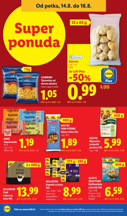 Lidl katalog — stranica 68: Smrznuto Kajzerice, MAITRE JEAN-PIERRE Kakao rolice XXL, COMBINO Tjestenina od durum pšenice penne rigate ili fusilli, BELLAROM Gold mljevena kava XXL (vrijedi 10. 08. 2026.–16. 08. 2026.)