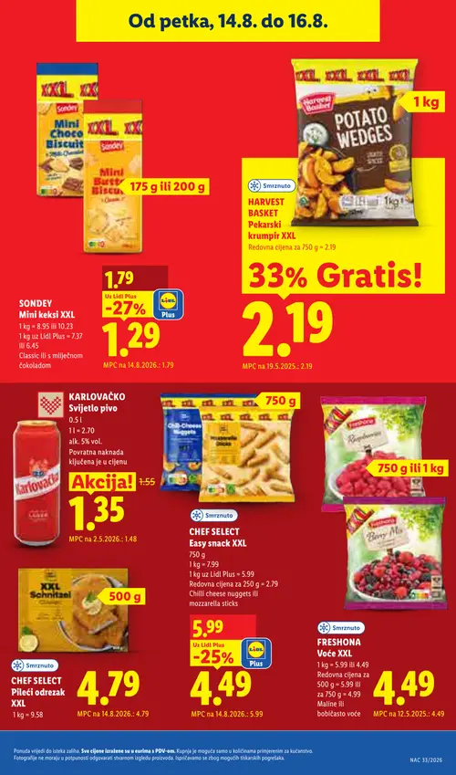 Lidl katalog — stranica 69: Sondey Mini keksi XXL Classic ili s mliječnom čokoladom, CHEF SELECT Easy snack XXL Chilli cheese nuggets ili mozzarella sticks, Karlovačko Svijetlo pivo, Freshona Voće XXL Maline ili bobičasto voće (vrijedi 10. 08. 2026.–16. 08. 2026.)
