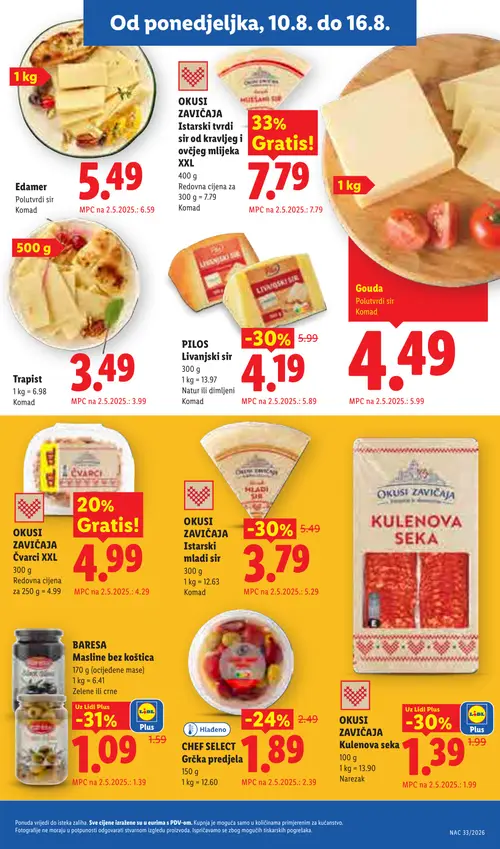 Lidl katalog — stranica 7: BARESA Masline bez koštica, OKUSI ZAVIČAJA Istarski mladi sir, OKUSI ZAVIČAJA Kulenova seka, PILOS Livanjiski sir (vrijedi 10. 08. 2026.–16. 08. 2026.)