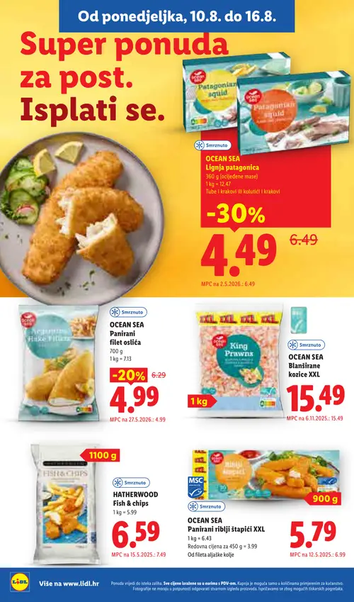 Lidl katalog — stranica 8: OCEAN SEA Lignja patagonica, OCEAN SEA Panirani fileti oslića, OCEAN SEA Panirani riblji štapići XXL, HATHERWOOD Fish & chips (vrijedi 10. 08. 2026.–16. 08. 2026.)