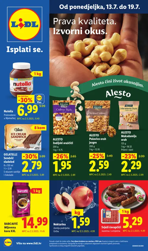 Lidl katalog — stranica 1: Nektarina, GELATELLI GELATELLI Sendvič sladoled, Nutella, Alesto Alesto Indijski oraščići (vrijedi 13. 07. 2026.–19. 07. 2026.)