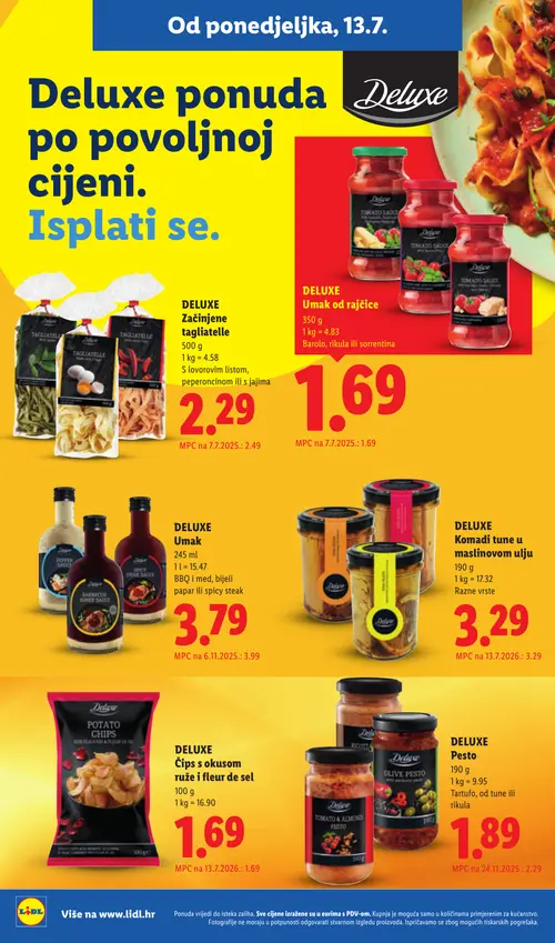 Lidl katalog — stranica 16: DELUXE DELUXE Pesto, DELUXE DELUXE Začinjene Tagliatelle s lovorovim listom, pečenom paprikom ili s jajima, DELUXE DELUXE Umak (vrijedi 13. 07. 2026.–19. 07. 2026.)