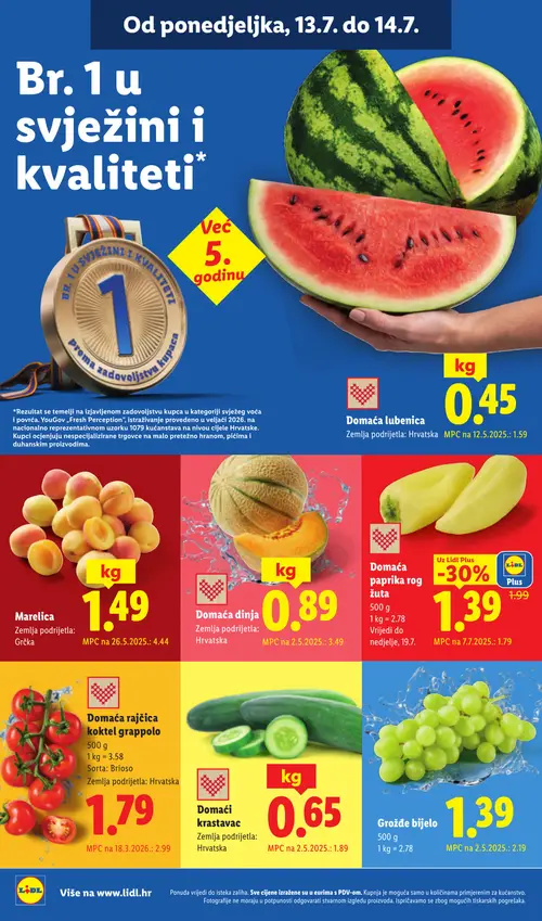 Lidl katalog — stranica 2: Domaća dinja, Domaća lubenica, Marelica, Domaći krastavac (vrijedi 13. 07. 2026.–19. 07. 2026.)