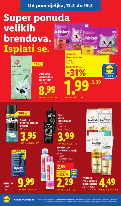 Lidl katalog — stranica 20: whiskas WHISKAS Hrana za mačke, AXE AXE Gel za tuširanje XXL, Voli Voli VOLI VOLI Suha hrana za pse govedin (vrijedi 13. 07. 2026.–19. 07. 2026.)