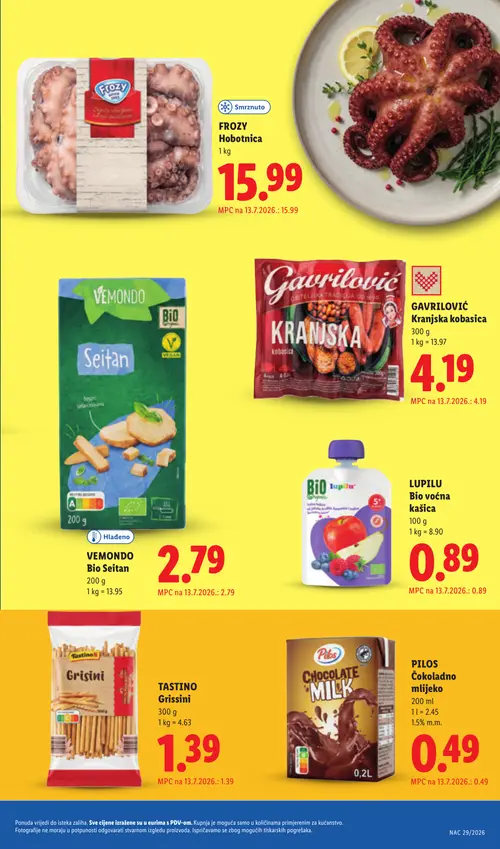 Lidl katalog — stranica 23: FROZY HOBOTNICA, GAVRILOVIĆ Kranjska kobasica, VEMONDDO Bio Seitan, LUPILU Bio voćna kašica (vrijedi 13. 07. 2026.–19. 07. 2026.)