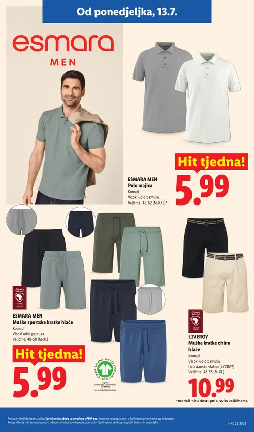 Lidl katalog — stranica 29: esmara MEN ESMARA MEN Polo majica, ESMARA MEN ESMARA MEN Muške sportske kratke hlače, LIVERGY LIVERGY Muške kratke chino hlače (vrijedi 13. 07. 2026.–19. 07. 2026.)