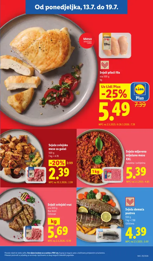 Lidl katalog — stranica 3: Svježi pileći file, Svježa domaća pastrva, Svježe svinjsko meso za gulaš, Svježi svinjski vrat (vrijedi 13. 07. 2026.–19. 07. 2026.)