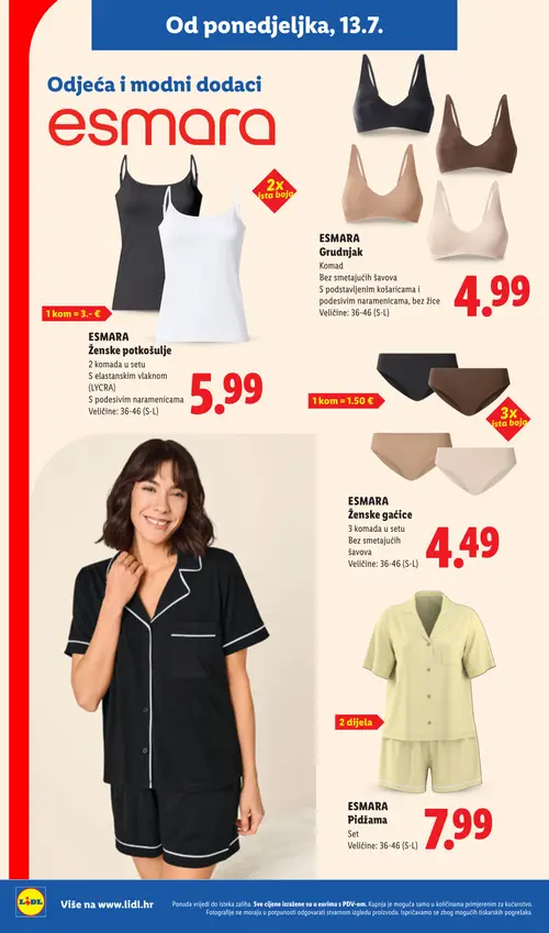 Lidl katalog — stranica 30: ESMARA ESMARA Ženske potkošulje, ESMARA ESMARA Grudnjak, ESMARA ESMARA Ženske gaćice, ESMARA ESMARA Pidžama (vrijedi 13. 07. 2026.–19. 07. 2026.)