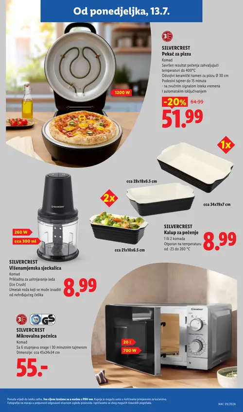 Lidl katalog — stranica 33: SILVERCREST Pekač za pizzu, SILVERCREST Kalup za pečenje, SILVERCREST Mikrovalna pećnica, SILVERCREST Višenamjenska sjeckalica (vrijedi 13. 07. 2026.–19. 07. 2026.)