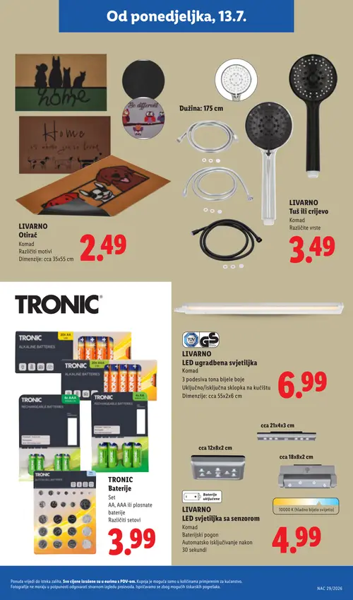 Lidl katalog — stranica 37: LIVARNO Otirač, LIVARNO Tuš ili crijevo, TRONIC TRONIC Baterije, LIVARNO LED ugradbena svjetiljka (vrijedi 13. 07. 2026.–19. 07. 2026.)