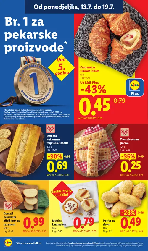 Lidl katalog — stranica 4: Croissant sa šunkom i sirom, Domaće somun pecivo, Domaća kukuruzna miješana ciabatta, Pecivo sa sirom (vrijedi 13. 07. 2026.–19. 07. 2026.)
