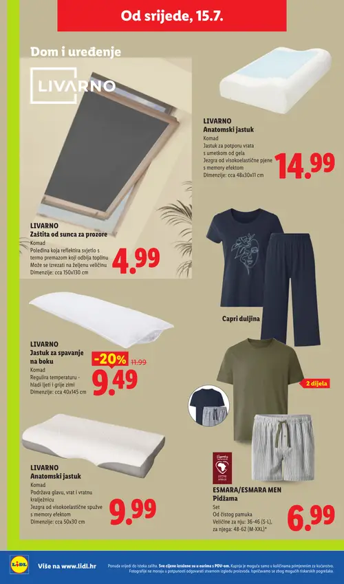 Lidl katalog — stranica 44: LIVARNO Jastuk za spavanje na boku, LIVARNO Anatomski jastuk, LIVARNO Zaštita od sunca za prozore, ESMARA/ESMARA MEN Pidžama (vrijedi 13. 07. 2026.–19. 07. 2026.)