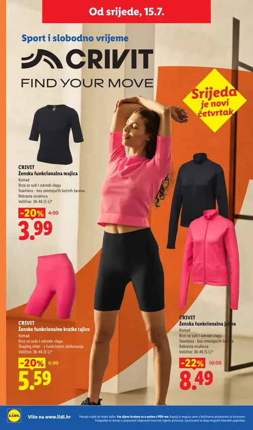 Lidl katalog — stranica 46: CRIVIT CRIVIT Ženska funkcionalna jakna, CRIVIT CRIVIT Ženska funkcionalna majica, CRIVIT CRIVIT Ženske funkcionalne kratke tajice (vrijedi 13. 07. 2026.–19. 07. 2026.)