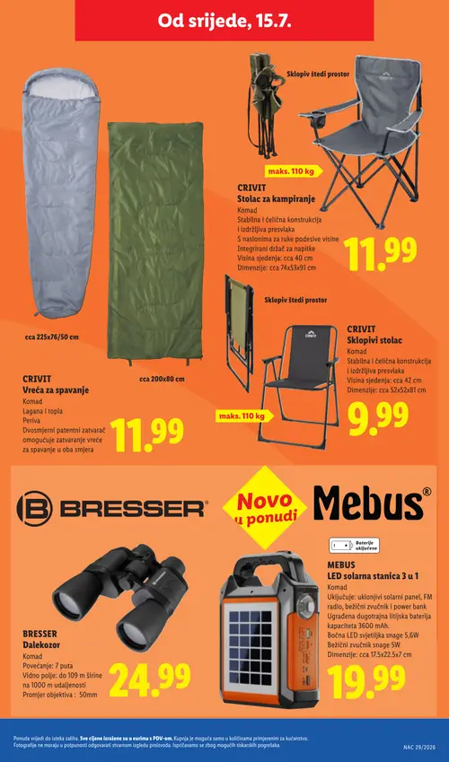 Lidl katalog — stranica 47: CRIVIT Vreća za spavanje, CRIVIT Stolac za kampiranje, CRIVIT Sklopivi stolic, BRESSER Dalekozor (vrijedi 13. 07. 2026.–19. 07. 2026.)
