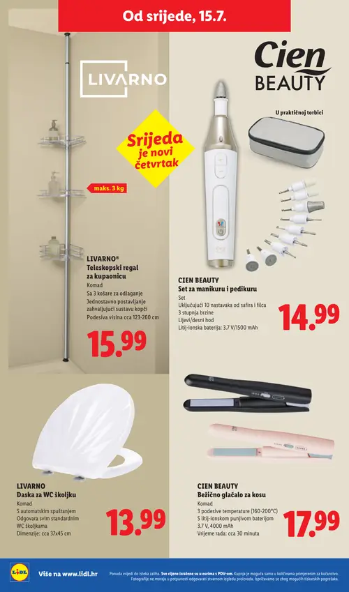 Lidl katalog — stranica 48: LIVARNO LIVARNO Teleskopski regal za kupaonicu, CIEN BEAUTY CIEN BEAUTY Set za manikuru i pedikuru, LIVARNO LIVARNO Daska za WC školjku, CIEN BEAUTY CIEN BEAUTY Bežično glačalo za kosu (vrijedi 13. 07. 2026.–19. 07. 2026.)