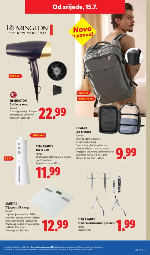 Lidl katalog — stranica 49: REMINGTON REMINGTON Sušilo za kosu, ESMARA ESMARA 2 u 1 ruksak, CIEN BEAUTY CIEN BEAUTY Tuš za usta, SANITAS SANITAS Dijagnostička vaga (vrijedi 13. 07. 2026.–19. 07. 2026.)