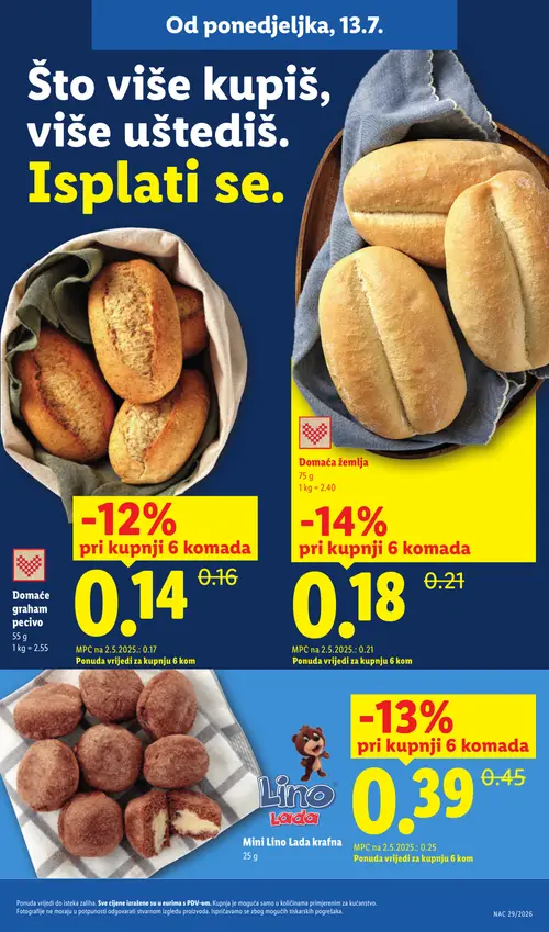 Lidl katalog — stranica 5: Domaće graham pecivo, Domaća žemlja, Lino Lada Mini Lino Lada krafna (vrijedi 13. 07. 2026.–19. 07. 2026.)