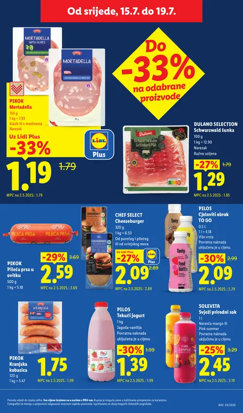 Lidl katalog — stranica 53: PIKOK Mortadella s maslinama, PILOS Tekući jogurt, PILOS Cjeloviti obrok TO GO, PIKOK Pileća prsa u ovitku (vrijedi 13. 07. 2026.–19. 07. 2026.)