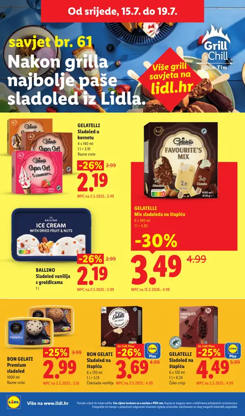 Lidl katalog — stranica 58: Gelatelli GELATELLI Mix sladoleda na štapiću, Gelatelli GELATELLI Sladoled u kornetu, Ballino BALLINO Sladoled vanilija s grožđicama, Bon Gelati BON GELATI Sladoled na štapiću (vrijedi 13. 07. 2026.–19. 07. 2026.)