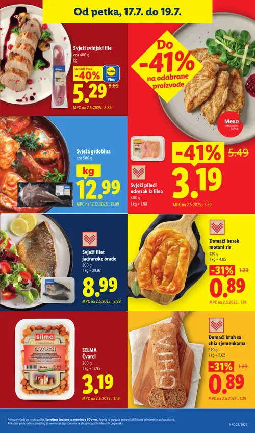 Lidl katalog — stranica 69: Svježa grdobina, Svježi pileći odrezak iz filea, Meso Hrvatskih Farmi Meso (na odabrane proizvode), Lidl Plus Svježi svinjski file (vrijedi 13. 07. 2026.–19. 07. 2026.)