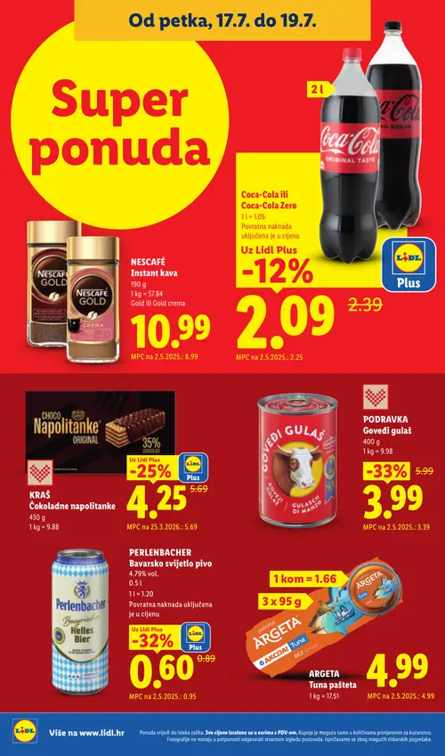 Lidl katalog — stranica 70: PODRAVKA PODRAVKA Goveđi gulaš, PERLENBACHER PERLENBACHER Bavarsko svijetlo pivo, KRAŠ KRAŠ Čokoladne napolitanke, NESCAFÉ NESCAFÉ Instant kava Gold (vrijedi 13. 07. 2026.–19. 07. 2026.)