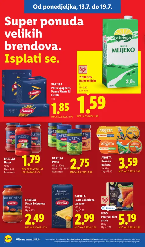 Lidl katalog — stranica 8: Barilla Umak Bolognese, Z bregov Trajno mlijeko, Barilla Umak, Barilla Pasta Spaghetti, Penne Rigate ili Fusilli (vrijedi 13. 07. 2026.–19. 07. 2026.)