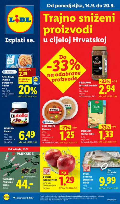 Lidl katalog — stranica 1: MILBONA Tilsiter listići, BELLAROM Instant kava Gold, Domaća jabuka crvena, CHEF SELECT Hummus (vrijedi 14. 09. 2026.–20. 09. 2026.)