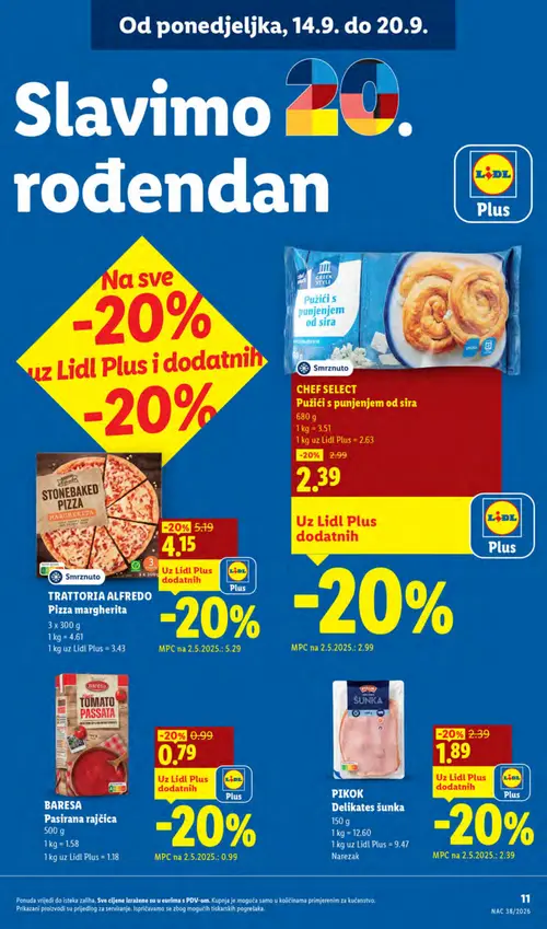 Lidl katalog — stranica 11: PIKOK Delikates šunka, BARESA Pasirana rajčica, TRATTORIA ALFREDO Pizza margherita (vrijedi 14. 09. 2026.–20. 09. 2026.)