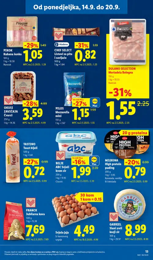 Lidl katalog — stranica 13: CHEF SELECT Listovi za pite i savijače, DULANO SELECTION Mortadela Bologna, PIKOK Kuhana šunka, OKUSI ZAVIČAJA Čvarci (vrijedi 14. 09. 2026.–20. 09. 2026.)