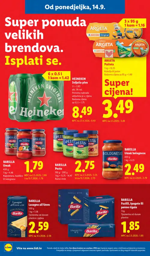 Lidl katalog — stranica 16: Barilla Umak bolognese, Barilla Umak (Napolitana, basilicco ili bolognese), Barilla Fusilli, špagete ili penne rigate (vrijedi 14. 09. 2026.–20. 09. 2026.)